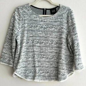 Anthropologie W5 Black and White Fringe Hem 3/4 Sleeve Zippered Aztec Blouse, M